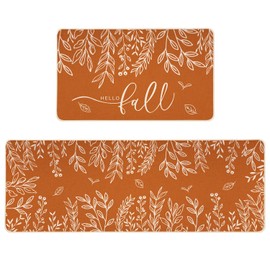 Siilues Fall Kitchen Mats Set of 2, Non-Slip Orange Hello Fall Eucalyptus Low-Profile Kitchen Rugs for Floor Seasonal Autumn Thanksgiving Home Decor - 17x29 and 17x47 Inch