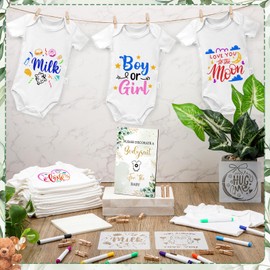 Panitay 126 Pcs Baby Shower DIY Bodysuit Set Bib 25 Blank White Newborn Bodysuit 25 Stencils 24 Marker 1 Sign 50 Pins(Greenery)