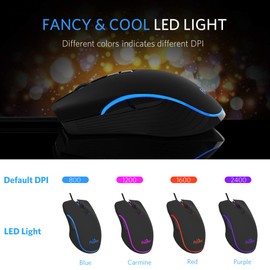 Fiodio Ratón para Juegos con Cable, 4 Modos de retroiluminación LED RGB, ratón para Videojuegos, cómodo y ergonómico para PC portátil o Gamer Mouse para Windows 7/8.1/10