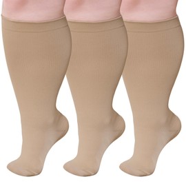 PUTUO Kompressionsstrümpfe Dicke Waden Herren: Thrombosestrümpfe Damen Übergröße Stützstrümpfe Männer Frauen Kompressionssocken für Flug Medizinisch Laufen Reise Beige 5XL 3 Paare