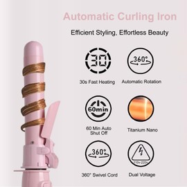 Automatic Curling Iron, 28mm/1.1 inch Rotating Hair Curler with LCD Display, Adjustable Temp, Dual Voltage, Automatic Shut-Off, Fast Heating Wand for All Hair Types and Lengths (Pink)