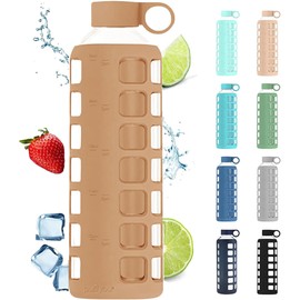 purifyou 40/32/22/12 oz Borosilicate Glass Water Bottles with Volume Markers, Silicone Sleeve, Stainless Steel Lid, Reusable Bottle for Water, Juice, Gym, and Fridge Storage (32oz Iced Coffee)