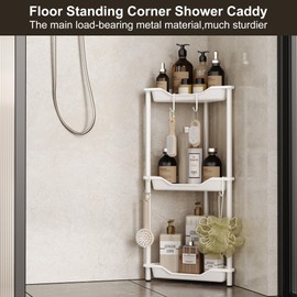 Orimade Rustproof 3 Tier Floor Standing Corner Shower Caddy Organizer, Plastic Metal Splicing Floor Corner Shelf Rack Stands for Bathroom, White