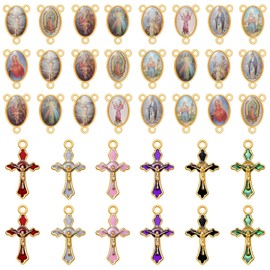 YionZian 60Pcs/30Set Rosary Kits Cross and Center Medal Charms Alloy Picture Religion Enamel Oval Virgen De Guadalupe Links Connector Charm Pendant for Diy Jewelry Making Supplies