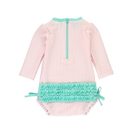RuffleButts Pink Seersucker Long Sleeve One Piece Rash Guard - 3-6m