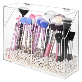 Clear Acrylic Makeup Organizers - 4 Compartment Acrylic Vanity Organizer with Dust Cover, Large Capacity Cosmetic Brush Storage Box for Brushes, Lipsticks & Makeup Tools (11"L x 3.5"W x 8.46"H)