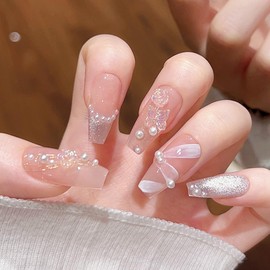 Pure Handmade Nails Press on Nail Reusable Fake Nails Nude Strap&Butterfly Bling Bling Medium Stick on Nails French Tip False Nails 10pcs (XS, Q291)