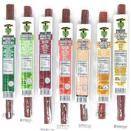 7 Flavor Variety Meat Sticks. No Added Nitrates, Gluten, Soy, MSG, Dairy, Nuts. 5 Grass-fed Beef Flavors, 1 Free-range Turkey Flavor & 1 Natural Pork Flavor (2 of Each, 14-cnt, 1-oz Stick)