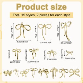30pcs Bowknot Charms, Alloy Bow Knot Charms in 15 Styles Bow Dangle for Bracelets Earrings Pendant Connector Jewelry Making DIY (Gold)