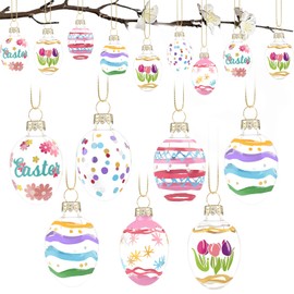 12 Pcs Easter Egg Decorations Pastel Glass Easter Egg Ornaments Decorative Hand Painted Eggs for Holiday Day Gifts Spring Tree Decorations