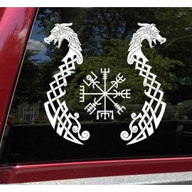 Viking Dragons with Viking Compass Vinyl Decal V2 - Fafnir Vegvisir Norse Mythology - Die Cut Sticker