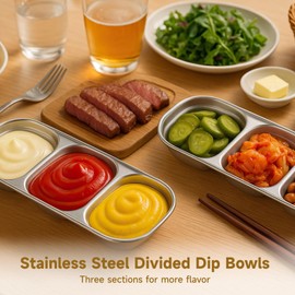 24 Pcs Stainless Steel Divided Dip Bowls, 3-Section Design, Korean Style 304 Stainless Steel, Dishwasher Safe, Ideal for BBQs Camping Parties, Space-saving Stackable