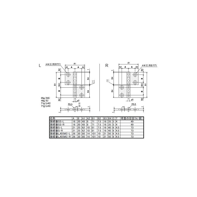 エスユウエス(SUS) 旗蝶番L40(M6)-R SFA-23R 4個入