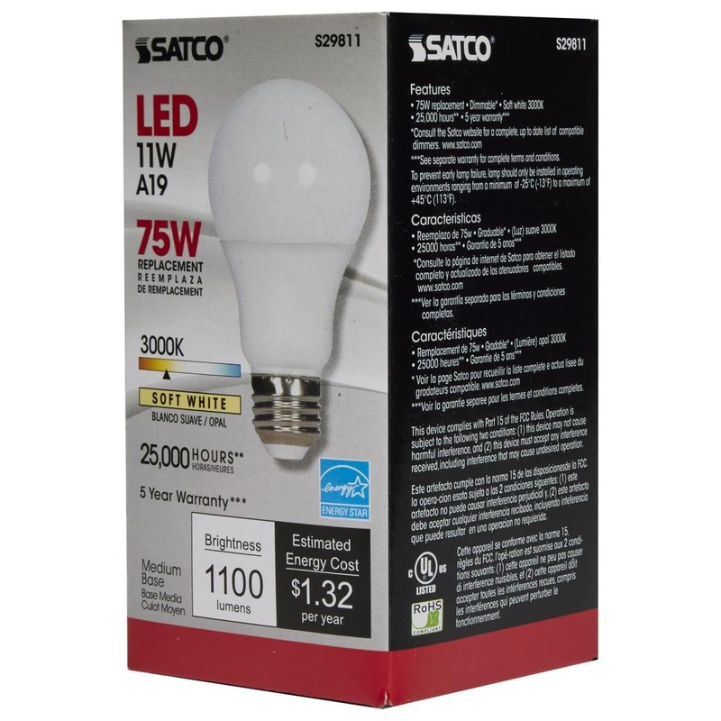 Satco Lighting S29811-11 Watt A19 LED Dimmable Frosted Light Bulbs