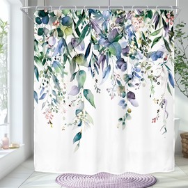 Riyidecor Extra Long Navy Eucalyptus Shower Curtain for Bathroom Decor 72Wx78H Eucalyptus Plants Leaves Botanical Leaf Floral Art Printed Fabric Polyester Waterproof 12 Pack Plastic Hook