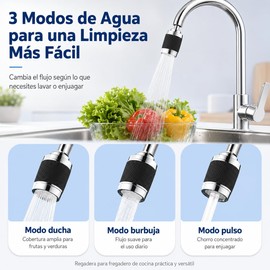 Filtro de Agua para Grifo de Cocina, 3 Modos, 360° y Cartucho Reemplazable