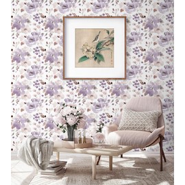 Toduso Peel and Stick Wallpaper Floral Wallpaper Purple/White Watercolor Contact Paper Self Adhesive Removable Wallpaper Shelves Liners Decorative Vinyl Roll 17.3''x78.7''