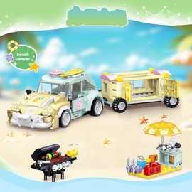 Geniteen Building Block Set Beach Series,Beach Tent Construction Kit House Display Set,Starlight Stage Model Toy,Camping Vehicle Building Kit for Adults and Kids (Beach Camping Vehicle)