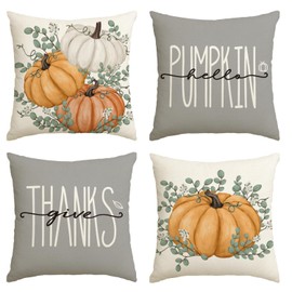 Artoid Mode Orange Pumpkins Eucalyptus Autumn Cushion Covers Set of 4 50 x 50 cm Decorative Cushion Cover Couch Living Room Outdoor Decoration