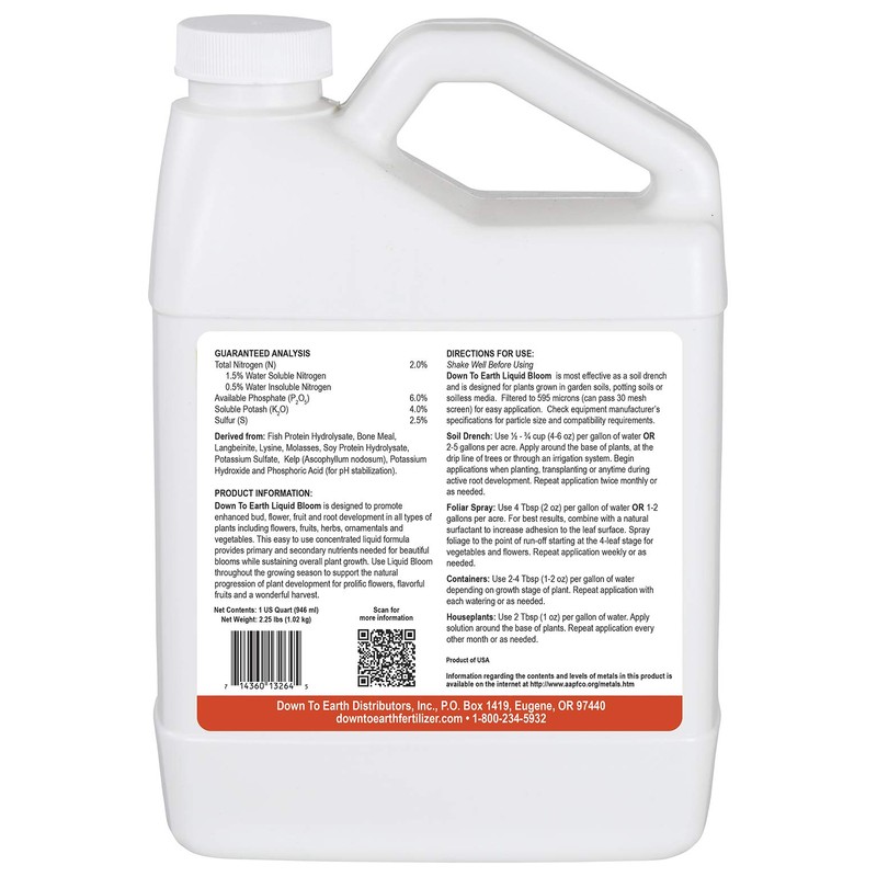 Down to Earth Liquid Bloom Fertilizer 2-6-4, 1 Quart