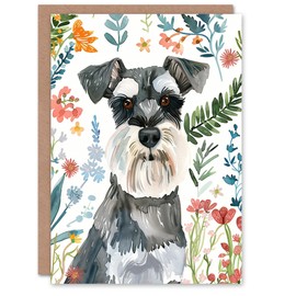 Artery8 Greeting Card Dog Lover Miniature Schnauzer Floral Portrait for Her Woman Birthday Card