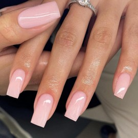 KQueenest Acrylic Press on Nails Long Square, Pink False Nails Long Medium Coffin, Glossy Natural Solid Color Fake Nails Set, Reusable Gel Stick on Nail for Women Finger Daily Wear 24 Pcs