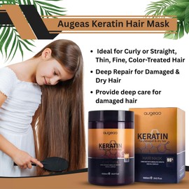 Augeas Keratin Hair Mask: Deep Repair for Damaged & Dry Hair with Argan Oil, Ginger Milk, and Protein Hair Mask, 1000ml - Ideal for Curly or Straight, Thin, Fine, Color-Treated Hair