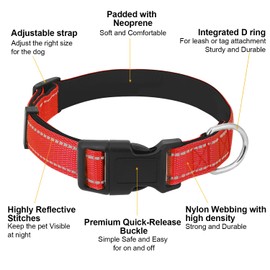 Dog Collars Adjustable for Medium Dogs,Heavy Duty Waterproof Dog Collar with Quick Release Buckle,Girl Boy Female Male Reflective Nylon Dog Collar with Soft Neoprene Padded,M,Red