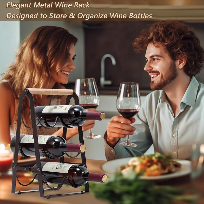 VANEME 6‑Bottle Foldable Stackable Metal Wine Rack with Wooden Handle,
