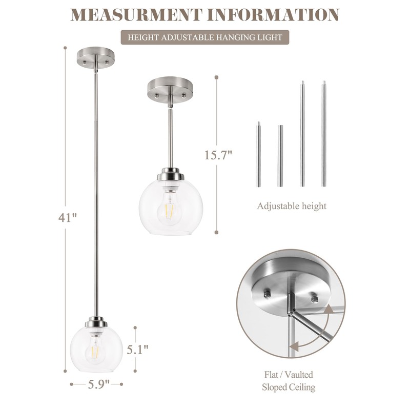 WYNEYET 3 Pack Globe Pendant Light, Brushed Nickel Hanging Ceiling