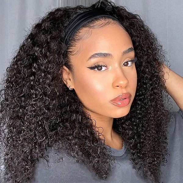Headband Wig Human Hair Curly Headband Wigs Kinky Curly Human Hair Wigs Glueless None Lace Front Wigs for Black Women Brazilian Virgin Hair Machine Made Wigs Natural Colour 150% Density 20 Inches