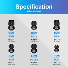 Pack of 67 Waterproof Cable Gland PG7, PG9, PG11, PG13.5, PG16, PG19 Cable Gland Waterproof, Cable Glands Joints with Seals for Control Box Junction Box