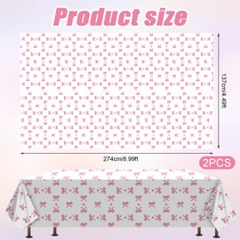2pcs Pink Bow Tablecloth, 9x4.5ft Rectangular Bow Table Cloth Waterproof Plastic Table Cover Coquette Birthday Decorations Bow Party Decoration for Girls Women Baby Shower Party Supplies