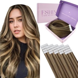 Fshine Real Hair Tape Extensions, 50 cm, Medium Brown Highlights Honey Blonde, 50 g, 20 Pieces, Colour 4P27