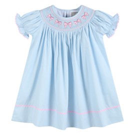 Lil cactus Blue and Pink Bow Smocked Bishop Dress, 18-24 Months
