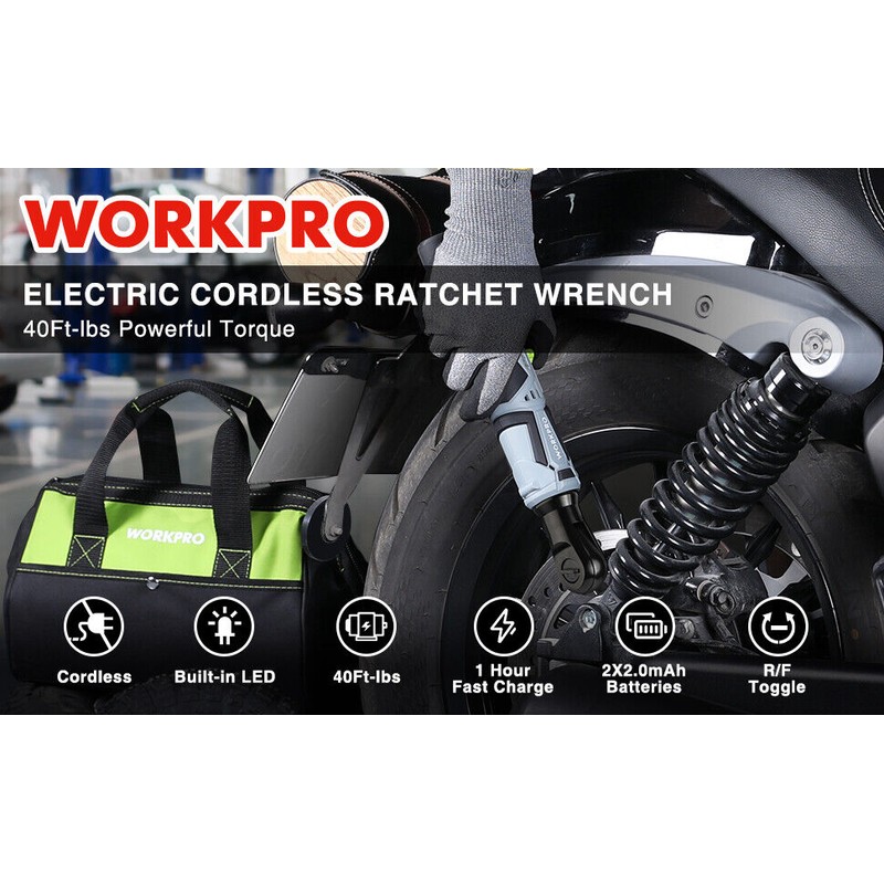 Workpro Cordless Electric Ratchet Wrench 3/8"12V 40Ft-lbs Power w/9PC Socket