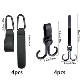Pack of 8 Velcro Pram Hooks Set for Changing Bags, Leather Bag Hooks for Backpacks, Purses etc., Universal Pram Accessories for Hanging Bags and Shopping (Black)