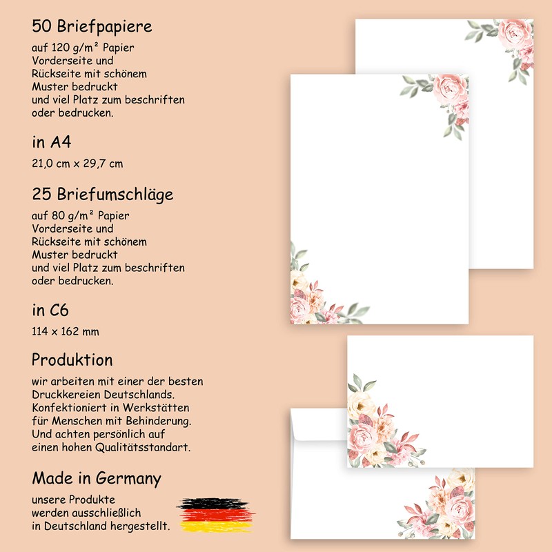 Letter Paper / Envelope Set Elegant with Roses in Dusky
