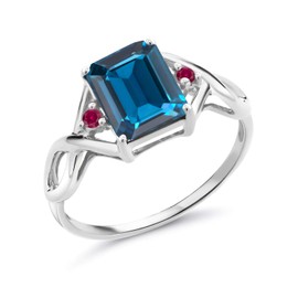 Gem Stone King 2.74 Ct Emerald Cut London Blue Topaz Red Created Ruby 925 Sterling Silver Ring (Size 6)