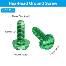 PATIKIL 10-32 x 1/2 Inch Self Tapping Ground Screws, 100 Pack Green Grounding Hex Flanged Head for Electrical Junction Boxes, Metal Outlet and Switch Boxes