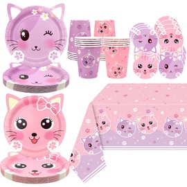 Cat Birthday Party Supplies Set, Kitten Tableware Includes Plates, Tablecloth, Cups and Straws for Kids Cat Party Decorations, Serves 20 Guest (Style A)