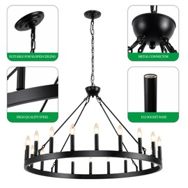 VBKK Wagon Wheel Chandeliers 40" 20-Light, Black Modern Farmhouse Chandelier with Adjustable Height, Hanging Island Light Fixture for Dining Living Ceiling Room Outdoor