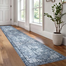 SIILOOM 2x12 Blue Washable Rug for Entrance, Soft Printed Area Rug, Non-Slip Kitchen Rugs, Low-Pile Medallion Indoor Door Mat, Small Farmhouse Carpet for Entryway Kitchen Foyer Bedside