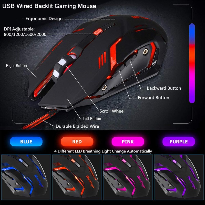 BlueFinger RGB Gaming Keyboard and Backlit Mouse Combo, USB Wired,