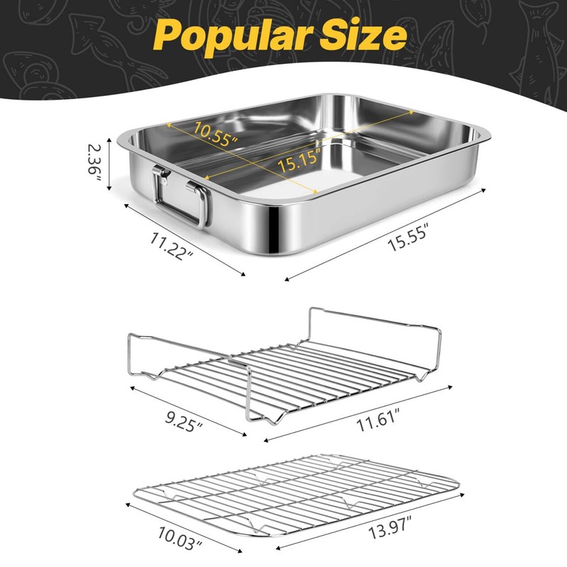 15.5" Stainless Steel Roasting Pans with Handles, Baking Pan for