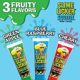 TOXIC WASTE - Slime Licker Squeeze - Sour Squeeze Slime Candy - Green Apple, Blue Razz, & Cherry Flavors - 2.47 oz. Tubes - 3-Pack