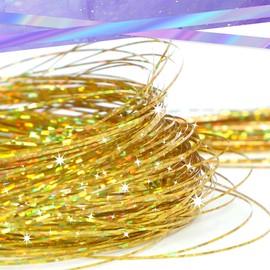 Clip in Hair Tinsel Kit, 6Pcs 20Inch Heat Resistant Glitter Fairy Hair Tinsel Clip in Extensions, Shiny Sparkle Hair Accessories for Women Girls Kids (Golden)