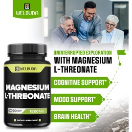 Magnesium L-Threonate Capsules with 12% Purified - 1800Mg - 90 Capsules - Providing 216mg Elemental Magnesium L-Threonate