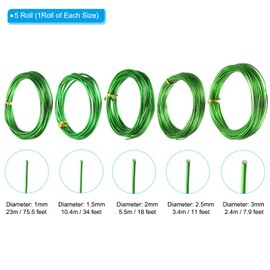 PATIKIL Bonsai Training Wire 1.0mm/1.5mm/2.0mm/2.5mm/3.0mm, 5 Roll Floral Wire Stems Anodized Aluminum Tree Wire 146 Feet Total for Gardening Branch Fixing, Green
