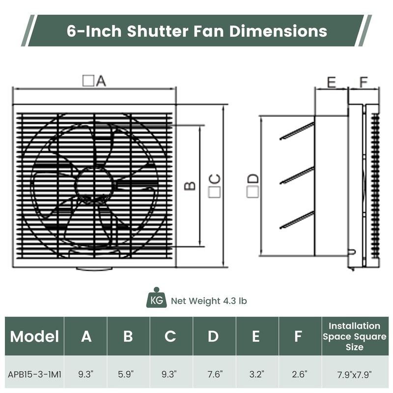 Fanspex 6" Shutter Exhaust Fan, 258CFM Window or Wall Mount